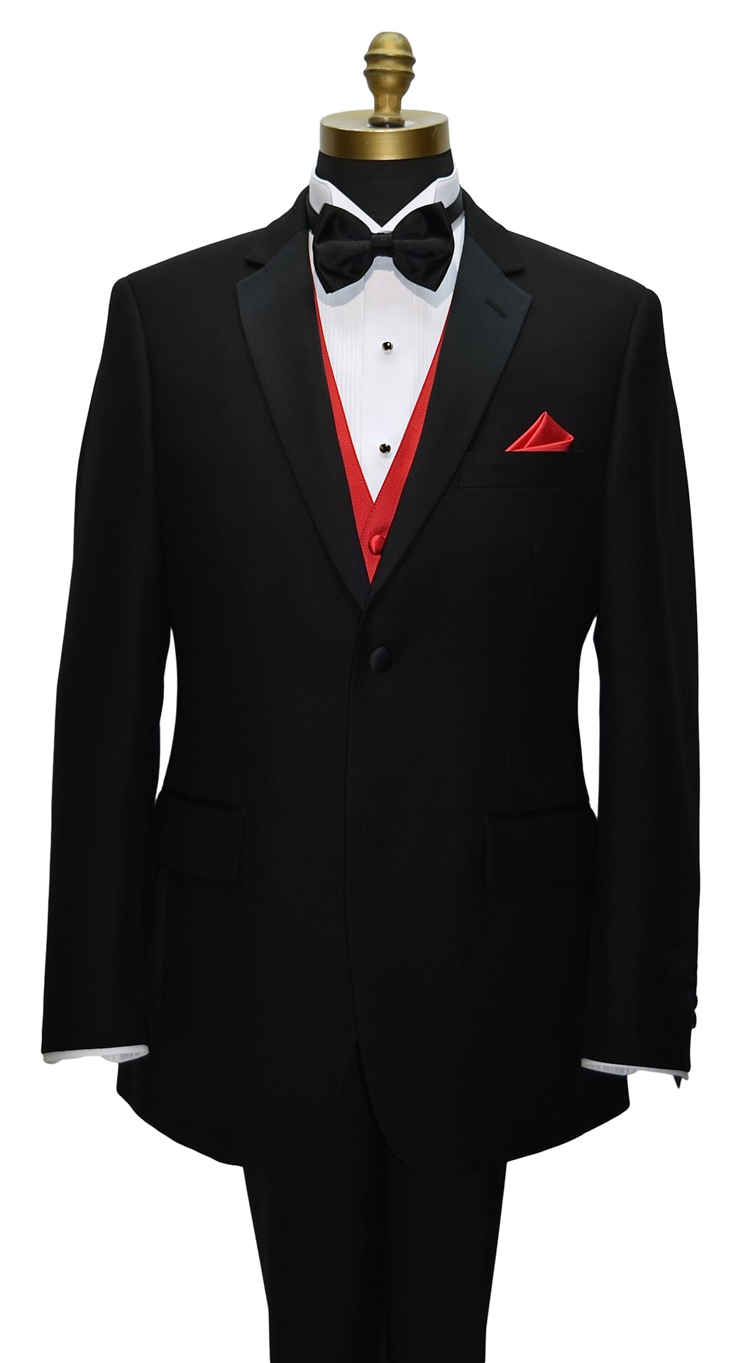 close-up notch lapel tuxedo with red vest and black bowtie displayed on a mannequin against a white background