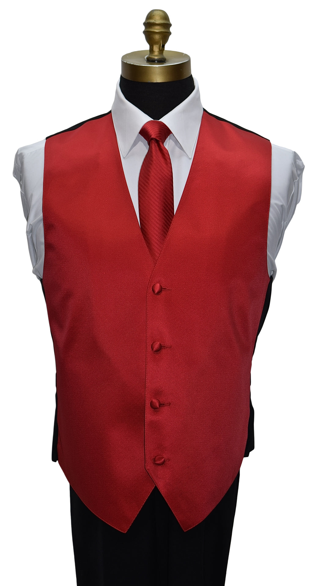 Red vest with matching red striped necktie on a mannequin against a white background