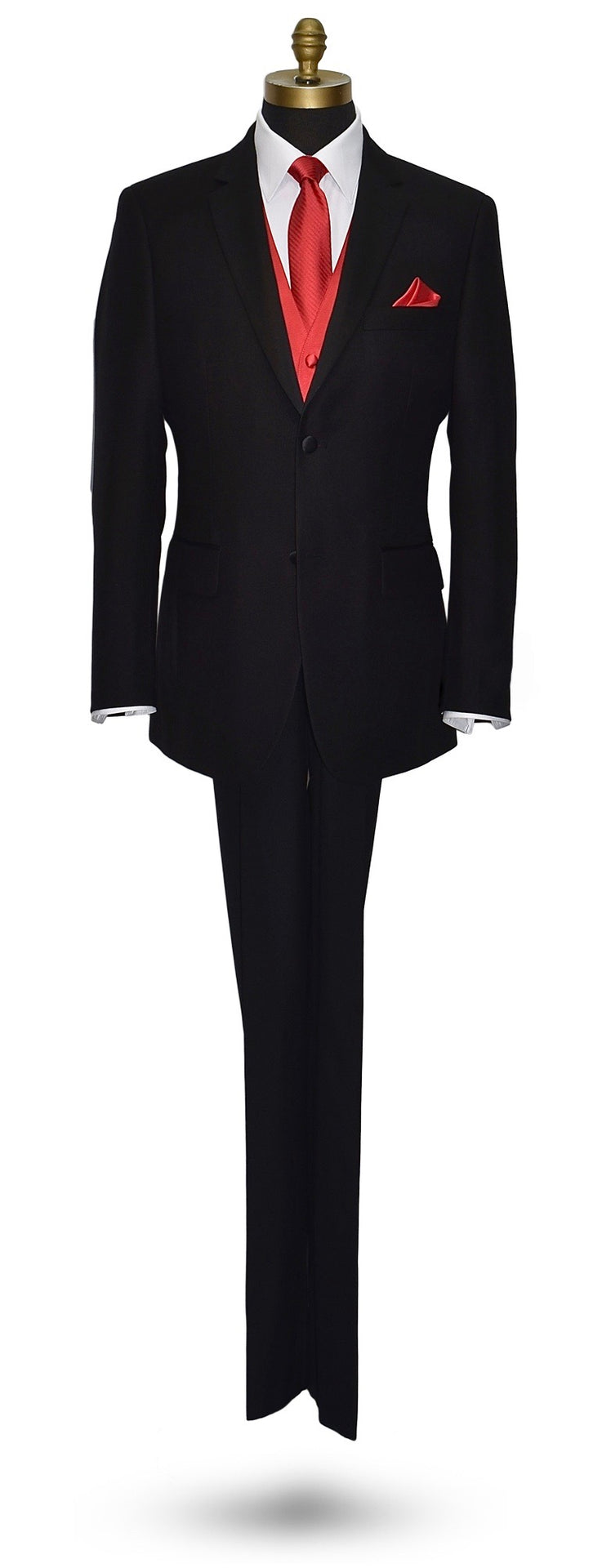 life-size mannequin wearing a black notch-lapel tuxedo with a white dress shirt with a ruby-red long necktie and ruby red vest and pocket handkerchief against a white background