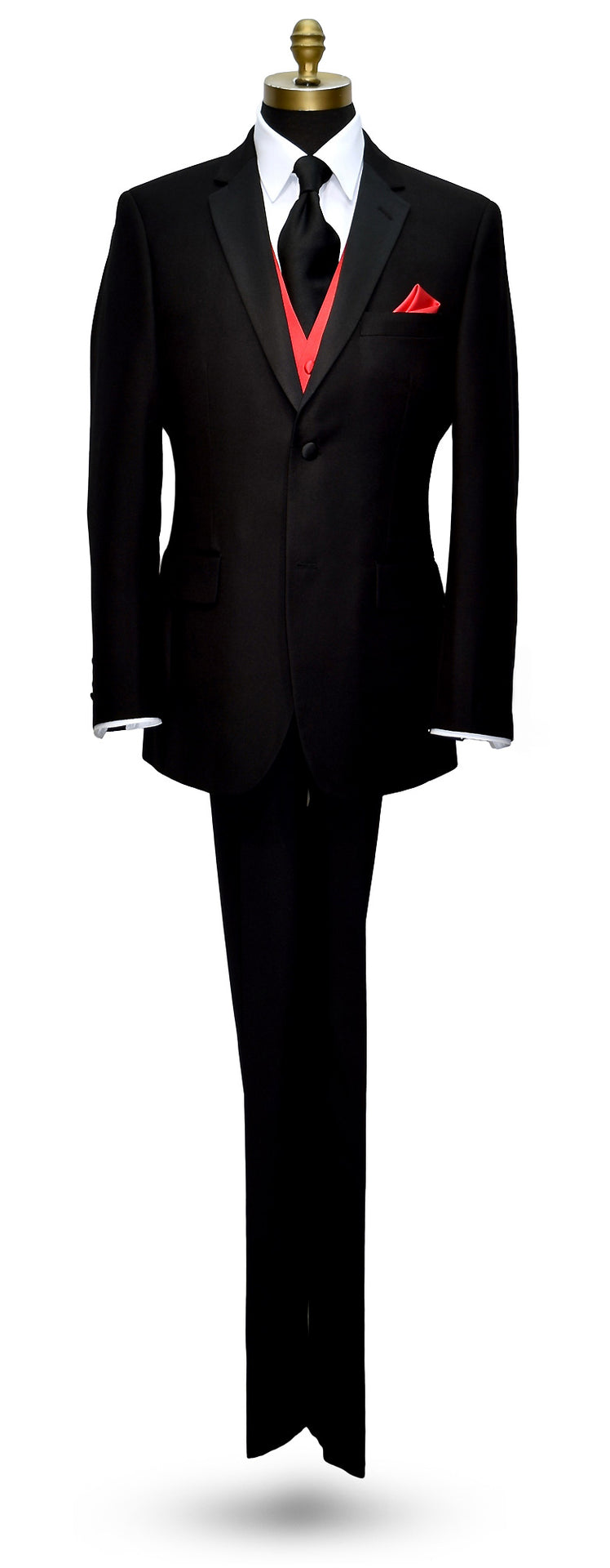 life-size mannequin wearing a black notch-lapel tuxedo with a white dress shirt with a black satin long necktie and ruby red vest and pocket handkerchief against a white background