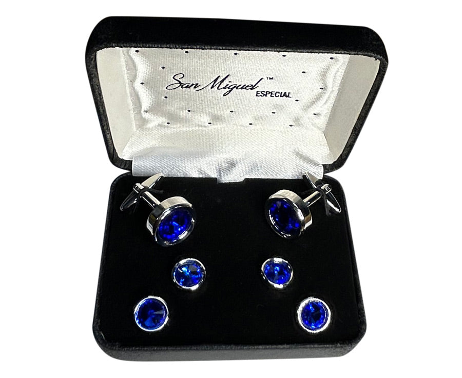 blue cufflinks and studs in a San Miguel Branded box against a white background.