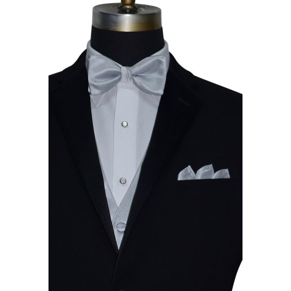 mannequin wearing a silver pre-tied bowtie and silver vest against a white background
