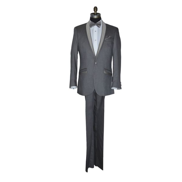 full length mannequin wearing a gray tuxedo with a stoe colored bowtie against a white background