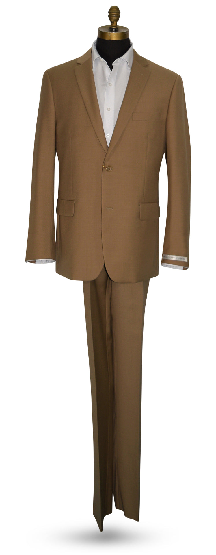life size mannequin wearing a tan men's suit with a white dress shirt against a white background.