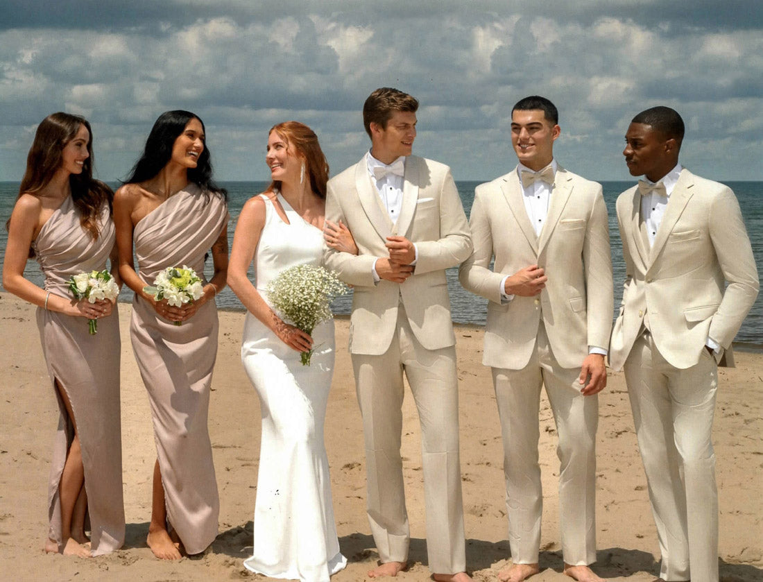 Photo of groom and groomsmen wearing tan fitted suit while on the beach with the ocean in the background. 
