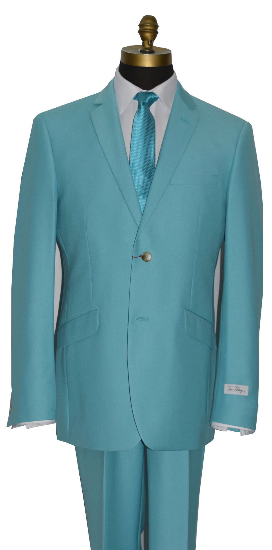 close-up of a mannequin wearing a tiffany blue suit with tiffany blue dress tie against a white background