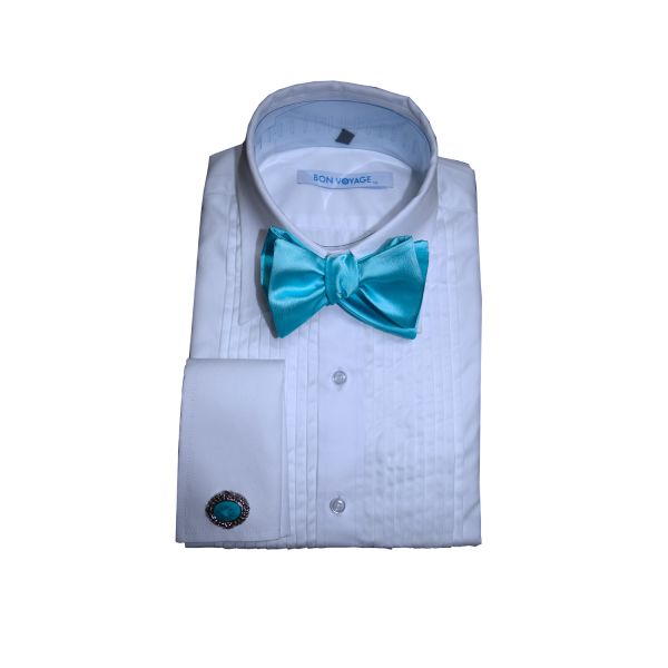 turquoise cufflinks on a white tuxedo shirt shown with a turquoise colored bowtie