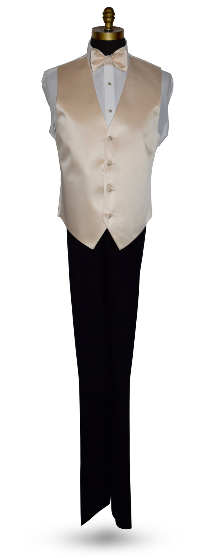 life size mannequin wearing a champagne vest and champagne "tie-yourself" bowtie over a white tuxedo shirt against a white background