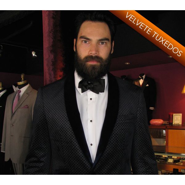 Black Velvet with Silver Geometric Design Shawl Collar Dinner Jacket/Tuxedo- Ensemble
