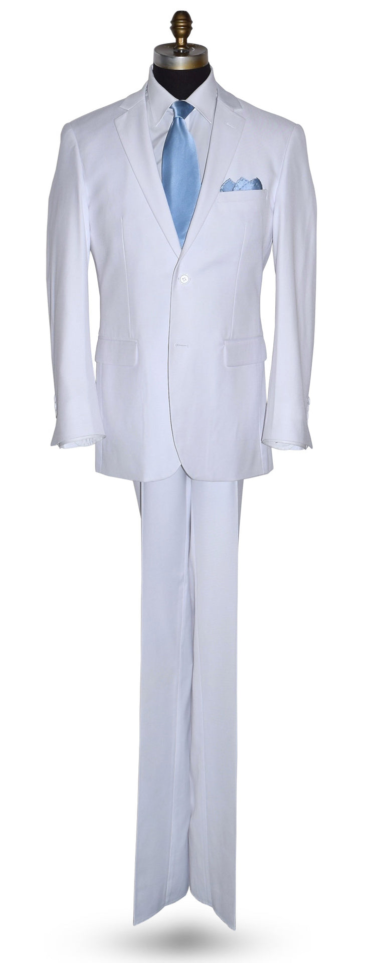 life size mannequin wearing a mens white suit with a baby-blue satin necktie on a mannequin against a white background