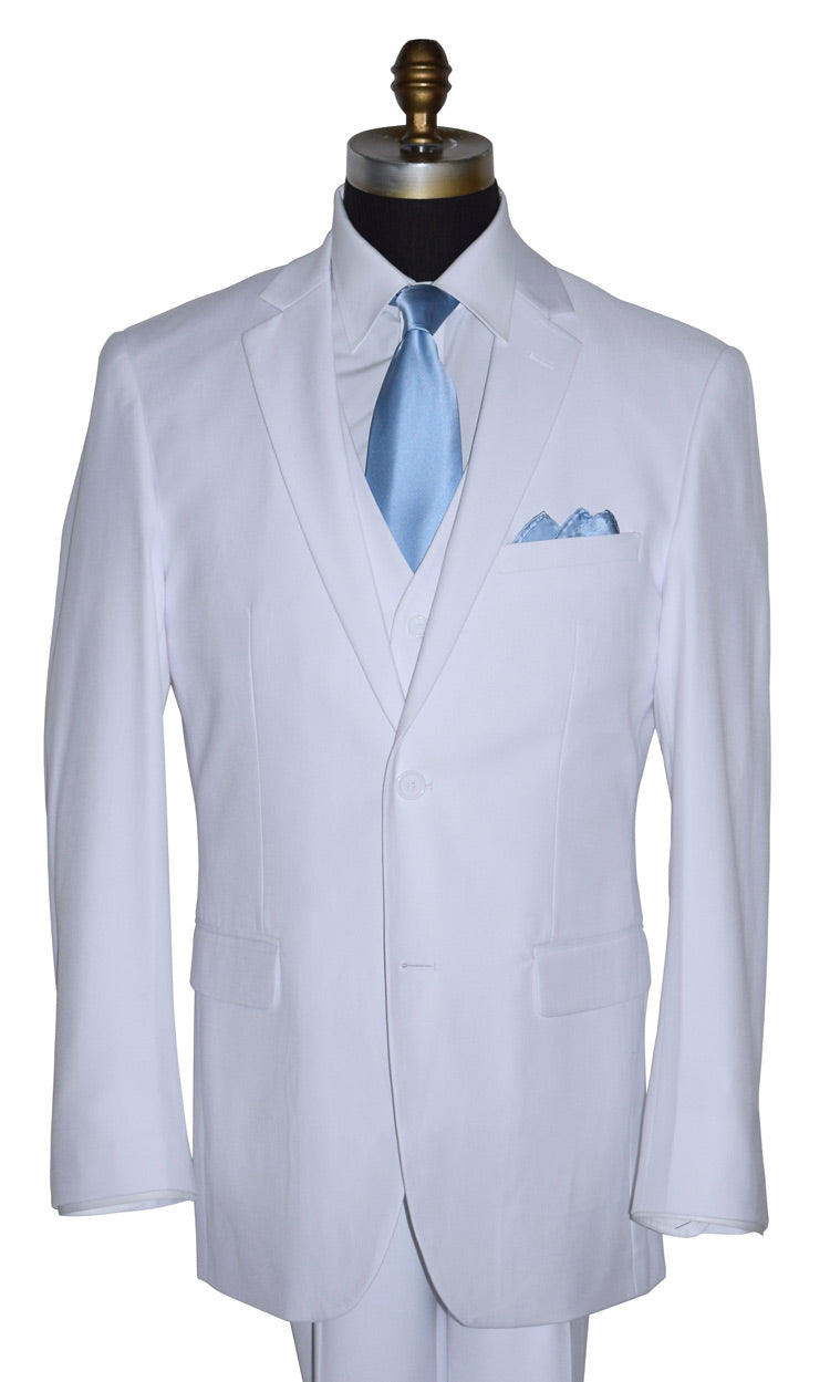 close-up mannequin wearing a mens White suit with a baby-blue satin necktie on a mannequin against a white background