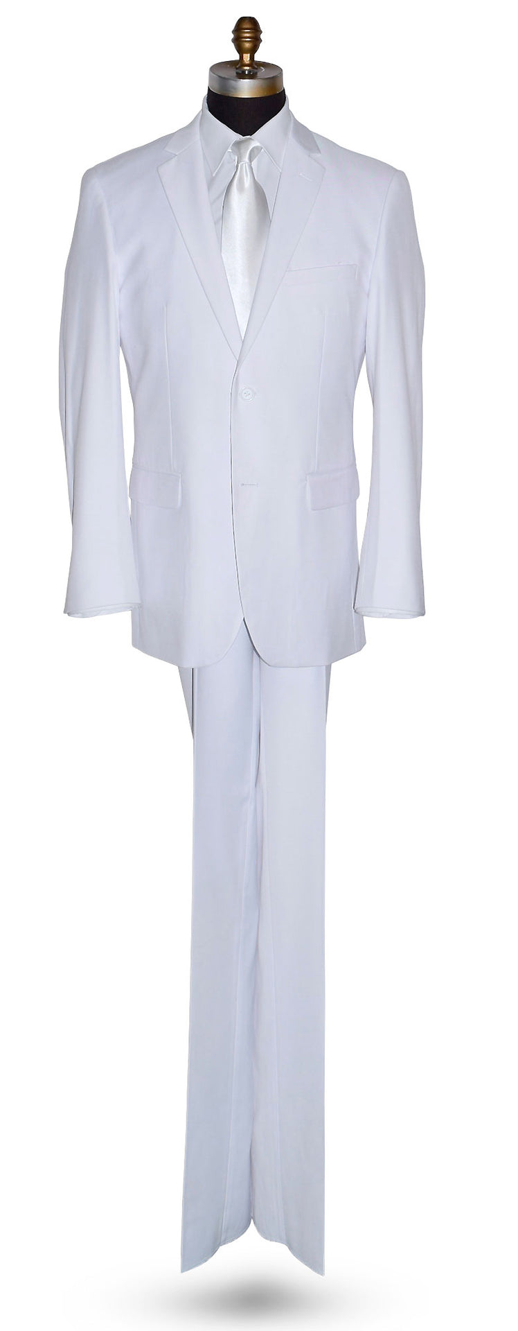 mannequin wearing a mens White suit with white satin necktie on a mannequin against a white background