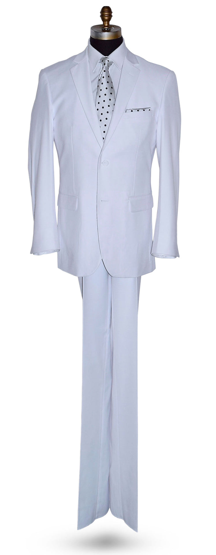 life size mannequin wearing a mens white suit with a white and black polka-dot satin necktie on a mannequin against a white background