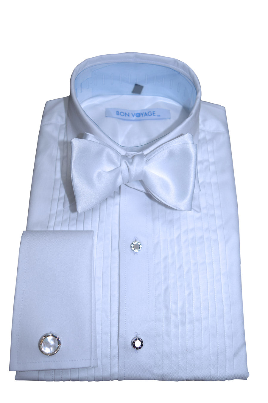 white tuxedo shirt with branded label "bon-voyage" wearing a white "tie-yourself" bowtie against a white background
