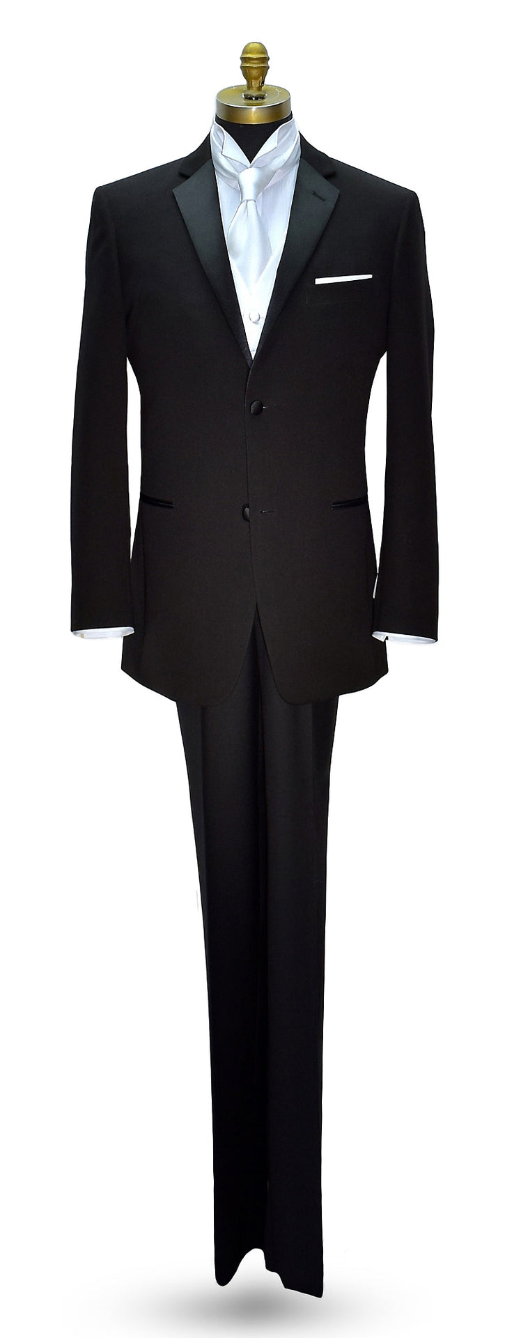 life size mannequin wearing a Black notch-lapel tuxedo with white shirt and white low-sheen necktie against a white background