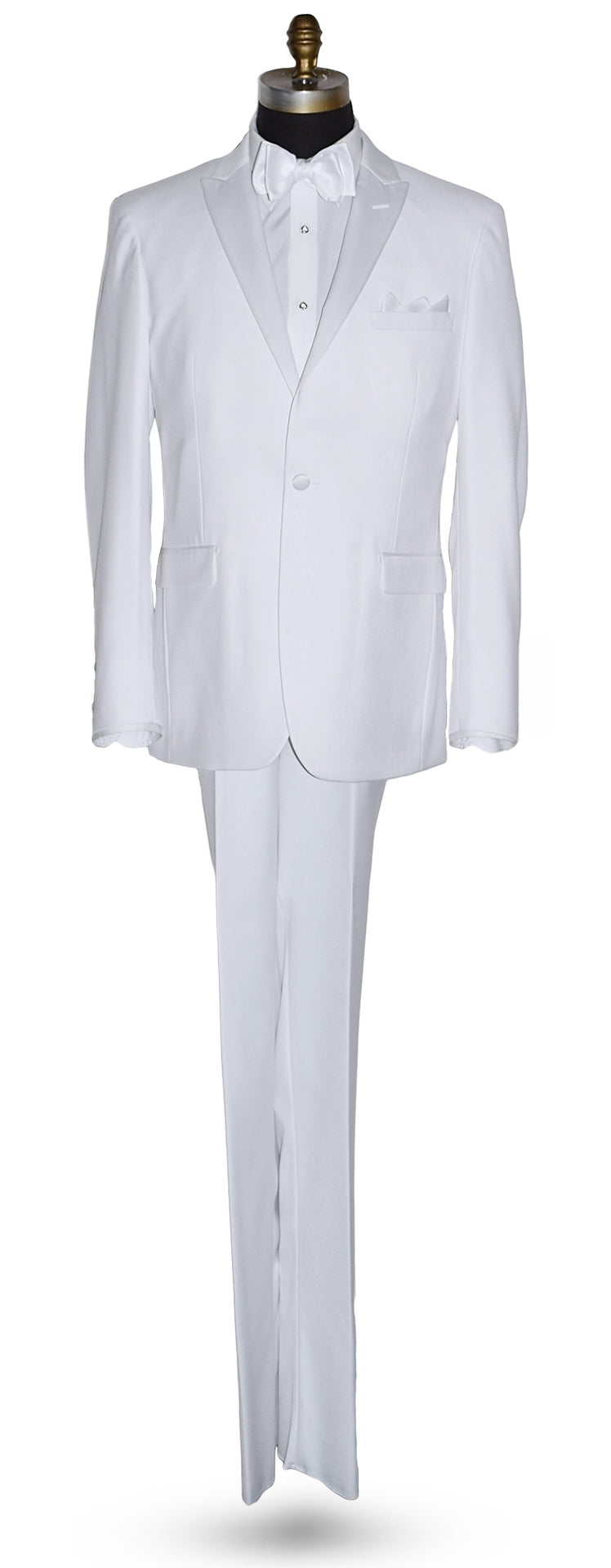 life size mannequin wearing white peak lapel tuxedo with white "tie-yourself" bow tie and pocket square on a white background