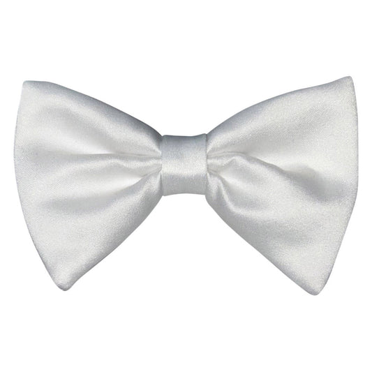 White satin bow tie that measures 3 inches tall at ends against a white background