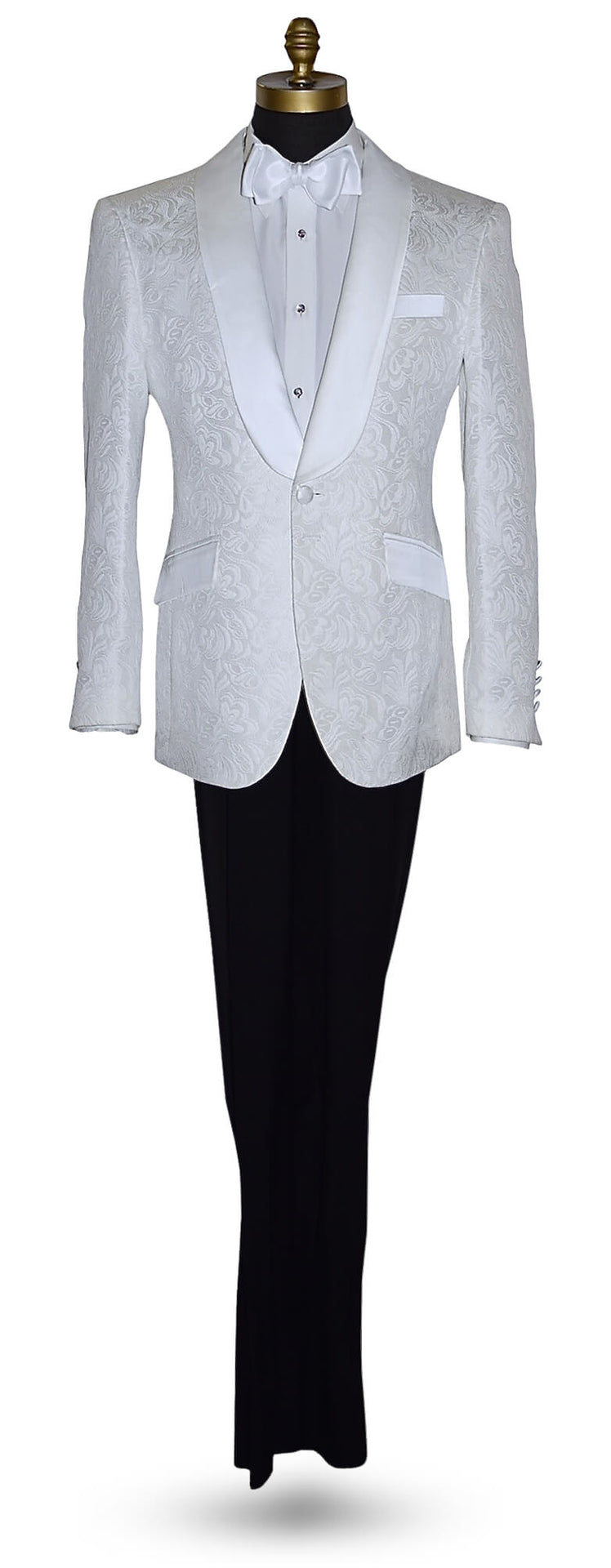 White tuxedo jacket with floral pattern on a mannequin with a white "self-tie" bowtie against a white background