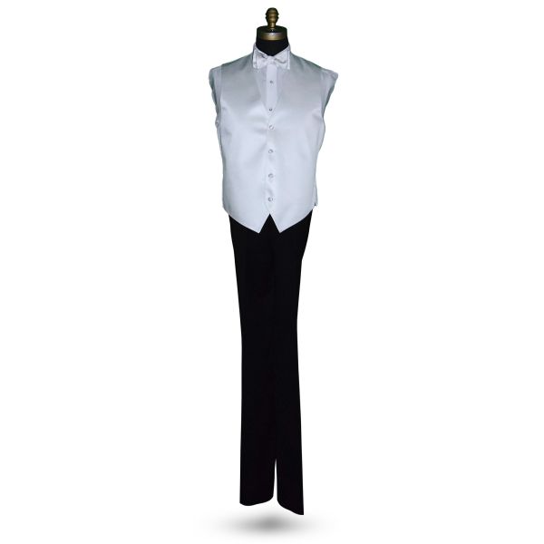 long mannequin wearing a white tuxedo shirt with a white vest and white "tie-yourself" bowtie against a white background