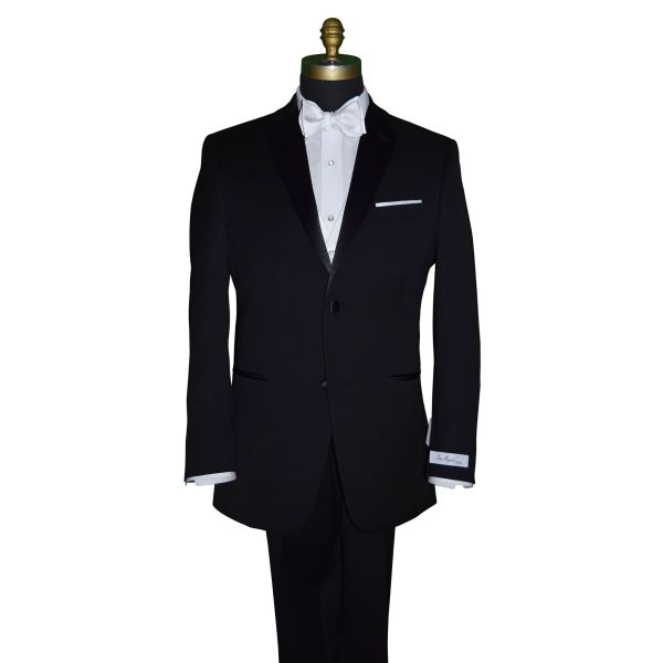 mannequin wearing a "San Miguel Formals" branded tuxedo with a white tuxedo shirt and white vest with a white "tie-yourself" bowtie in-front of a white background