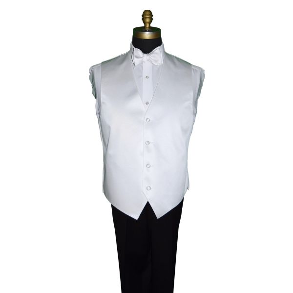 full mannequin close-up front view wearing a white tuxedo shirt with a white vest and white "tie-yourself" bowtie and black tuxedo pants against a white background