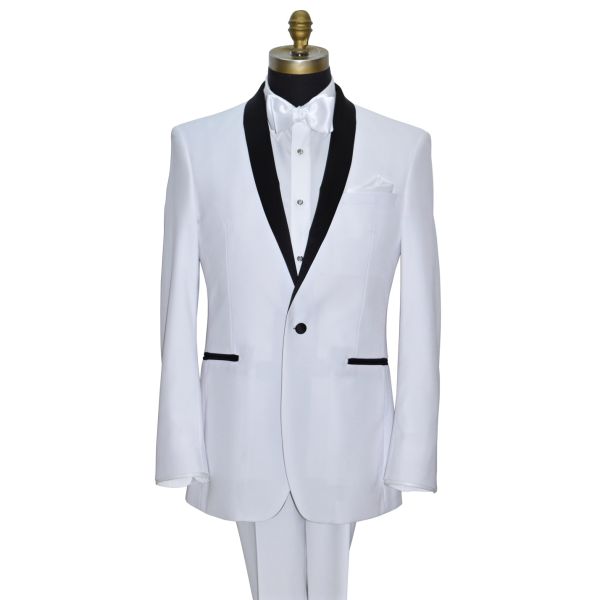 close-up mannequin wearing a white tuxedo with black shawl collar and a white "tie-yourself" bowtie against a white background