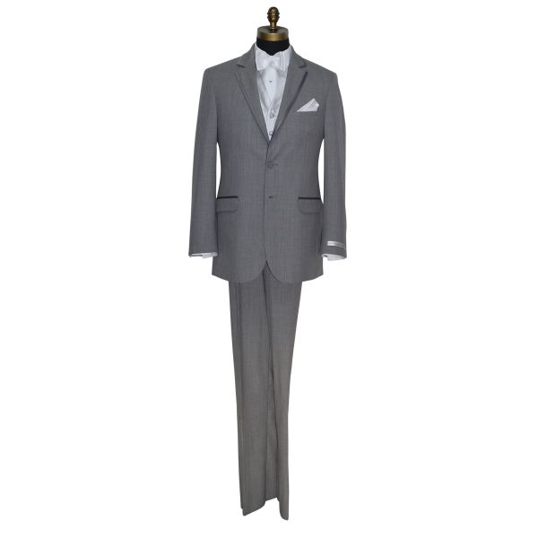 mannequin wearing a gray tuxedo with a white "self-tie" bowtie against a white background