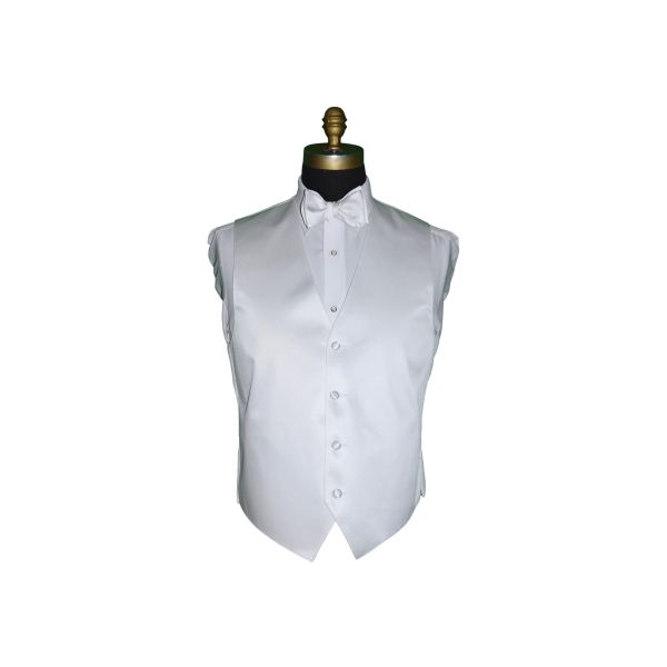 mannequin wearing a white tuxedo shirt with a white vest and white "tie-yourself" bowtie against a white background