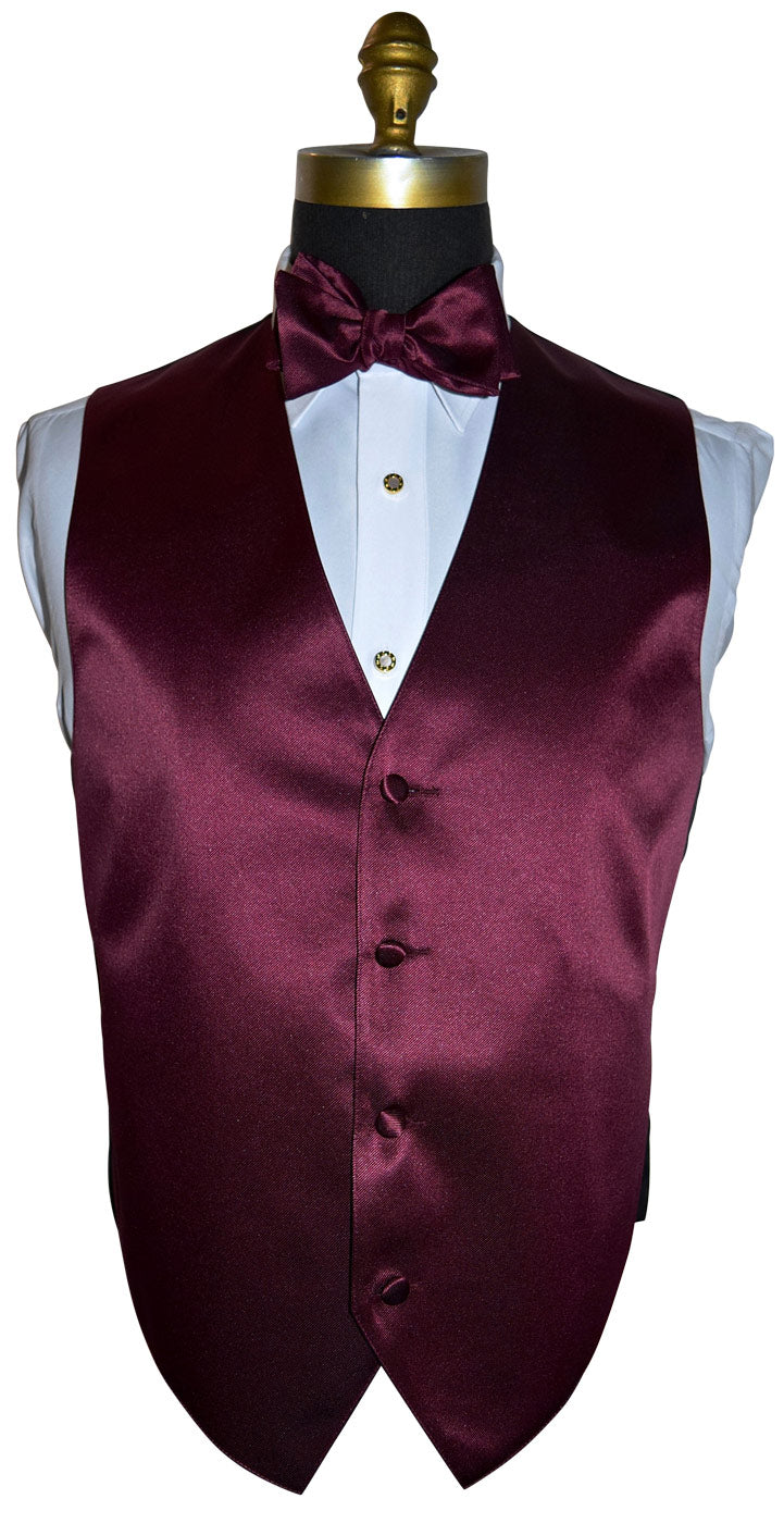 mannequin wearing Wine "tie-yourself" bow tie with a white shirt and wine colored vest