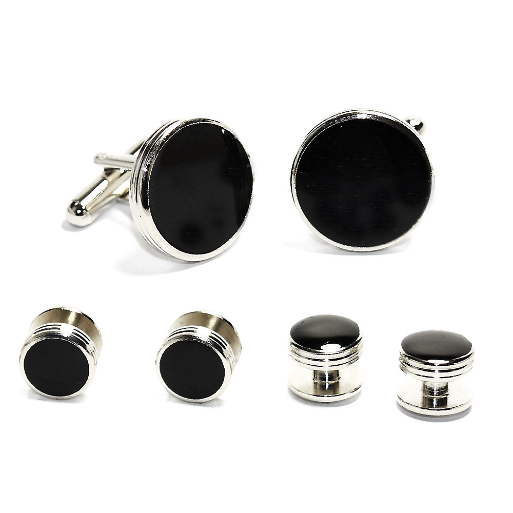 Black Cufflinks and Stud Set in Silver Finish Setting