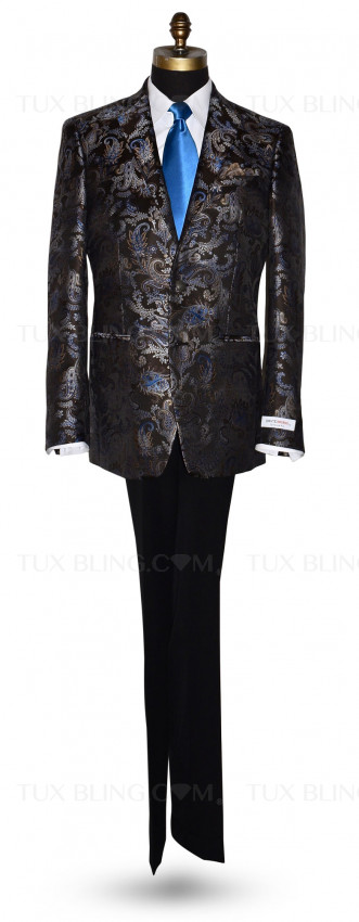 DARK CHOCOLATE SUIT COAT WITH BLUE AND GOLD PAISLEY