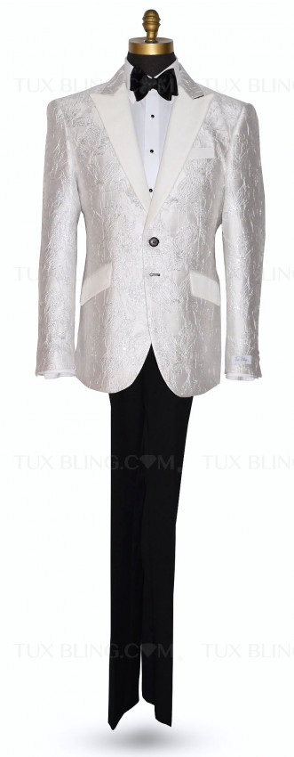 PEARL WHITE BROCADE TUXEDO WITH SILVER HIGHLIGHTS