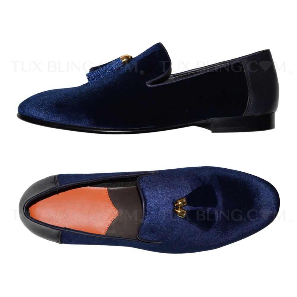 blue velvet tuxedo slip-on shoes