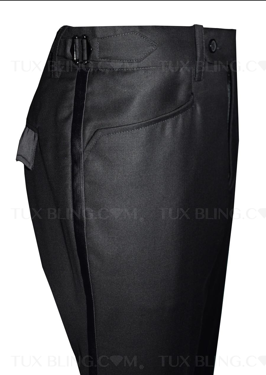 Men's Black, Adjustable-Waist, Pleated Front Tuxedo Pants with Satin Stripe  - 99tux