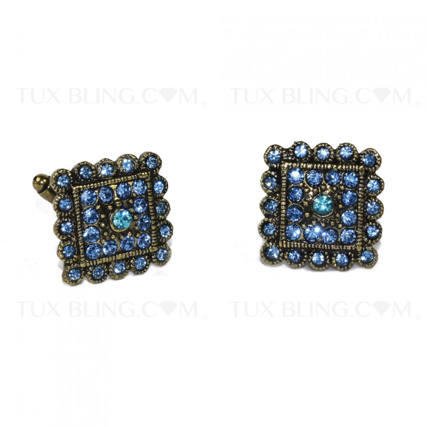 Sapphire Blue Crystal Cufflinks with Arctic Blue Center, Antique Gold Finish