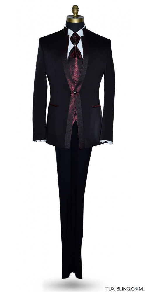 Nehru Tuxedo Ensemble with Scarlet Red Accents-4 Piece