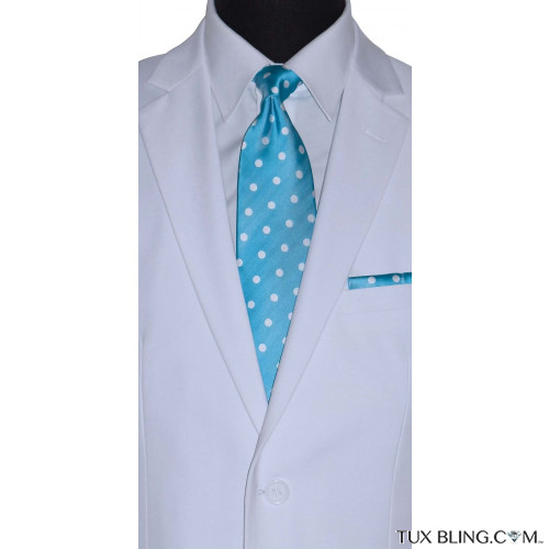 turquoise men's long dress tie with white polka dots