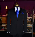 men's black tuxedo by Tuxbling.com with royal blue silk long tie and pocket hanky