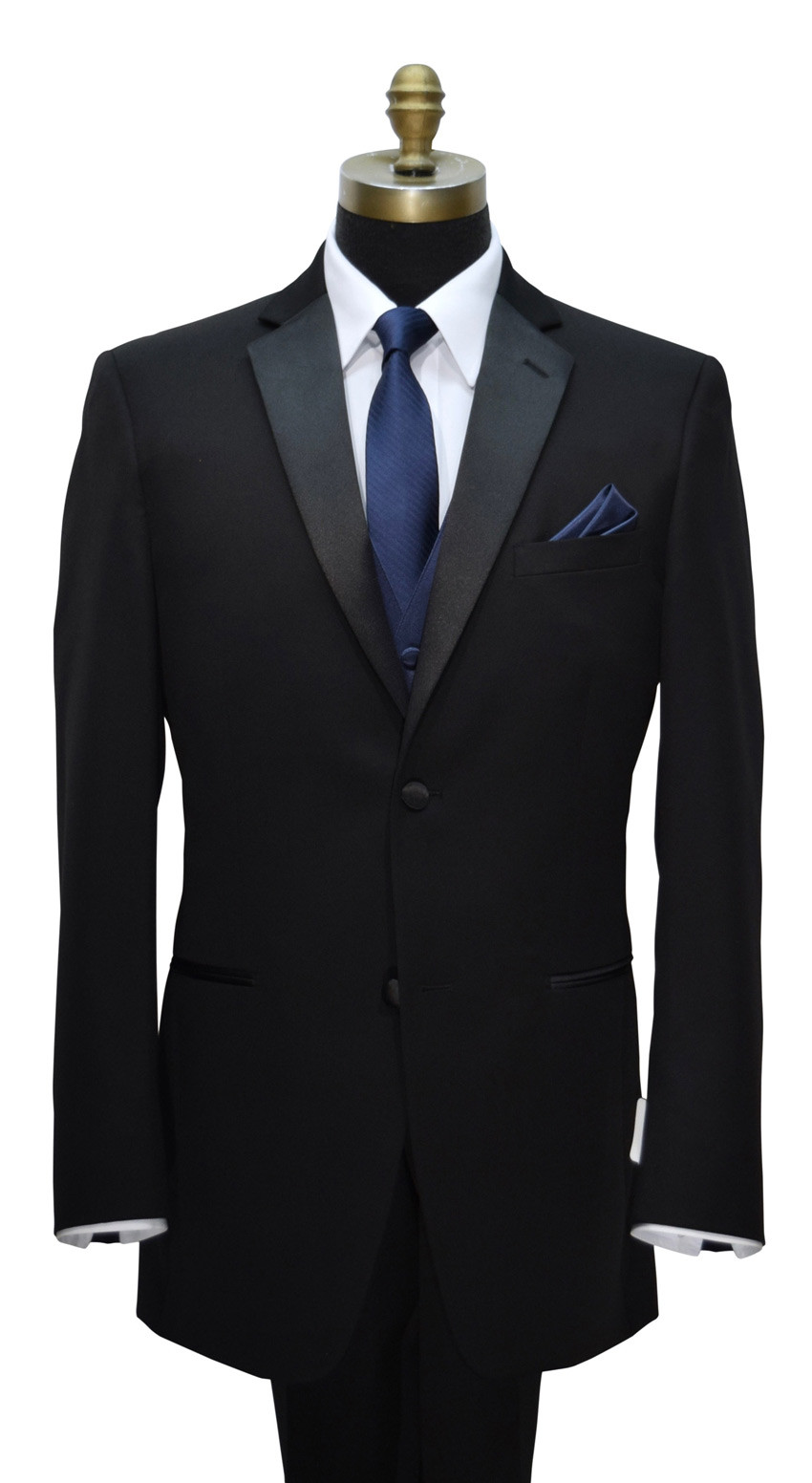 black notch lapel tuxedo with navy blue stripe tie at tuxbling.com