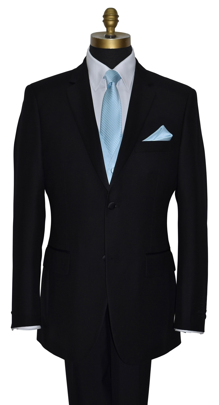 San Miguel black tuxedo with capri blue long dress tie and vest at tuxbling.com