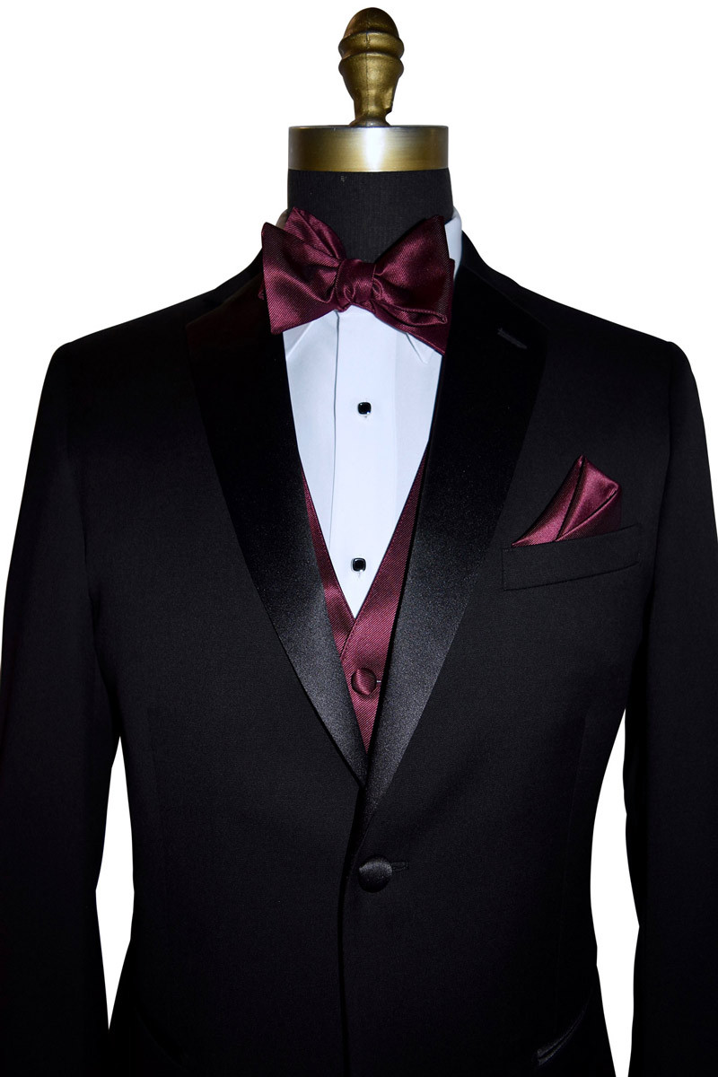 black tuxedo with wine bowtie and vest by San Miguel Formals