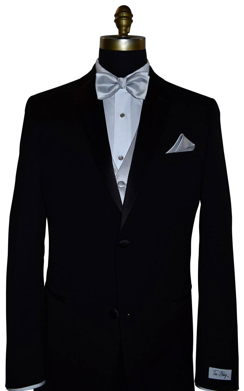 silver tuxedo vest with silver pre-tied bowtie by San Miguel Formals