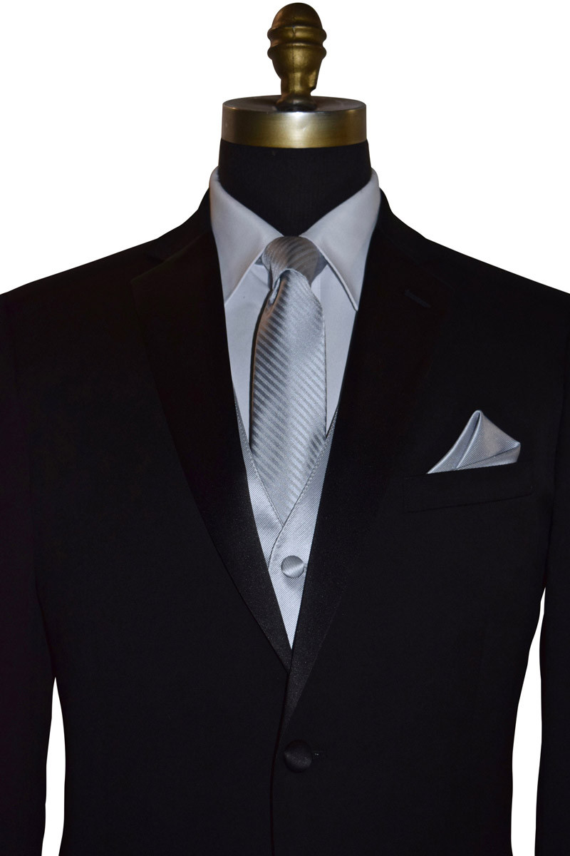 men's silver long tie with stripes with black tuxedo on tuxbling.com