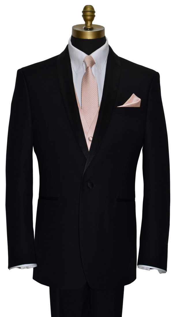 black tuxedo with petal color dress tie which matches petal bridal