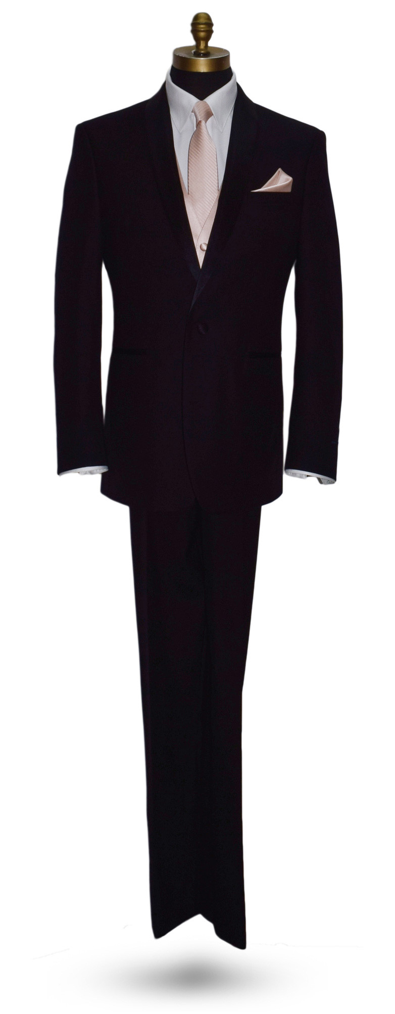 black tuxedo by San Miguel Formals with long petal color dress tie and petal vest and petal pocket handkerchief