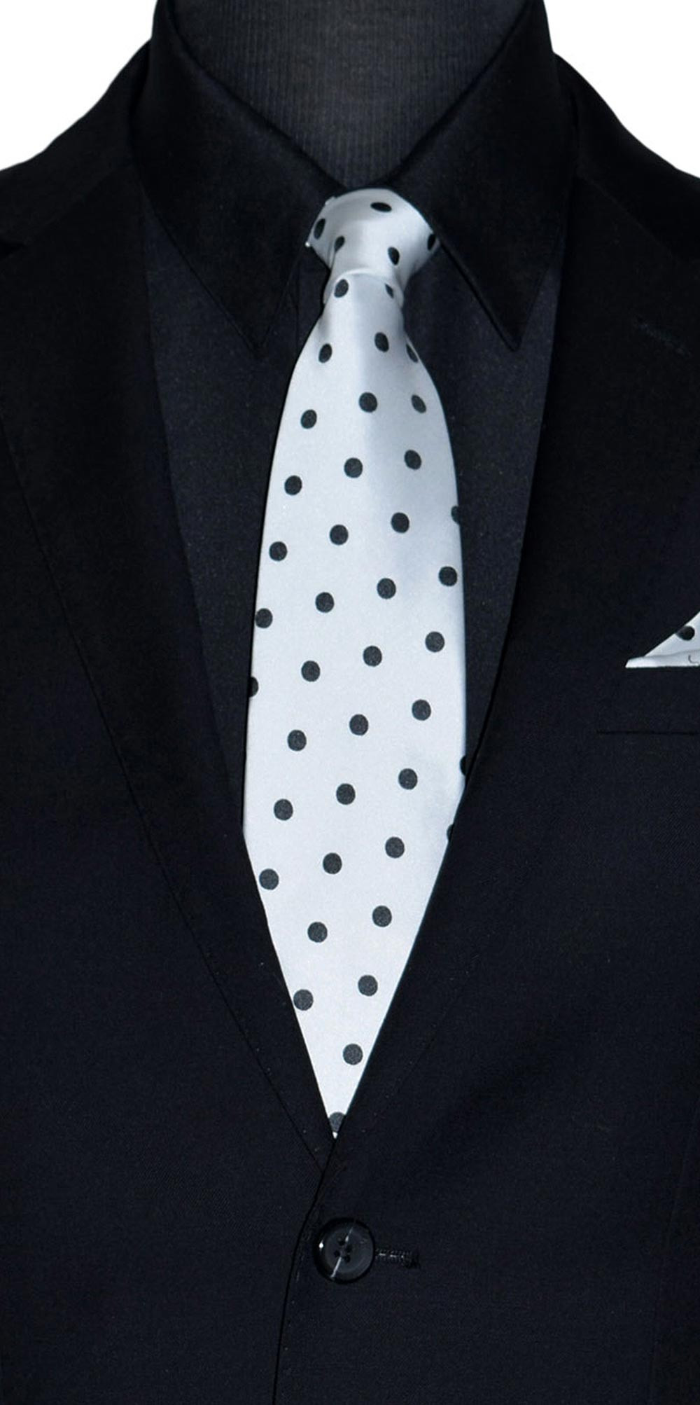 men's white dress tie with black polka dots