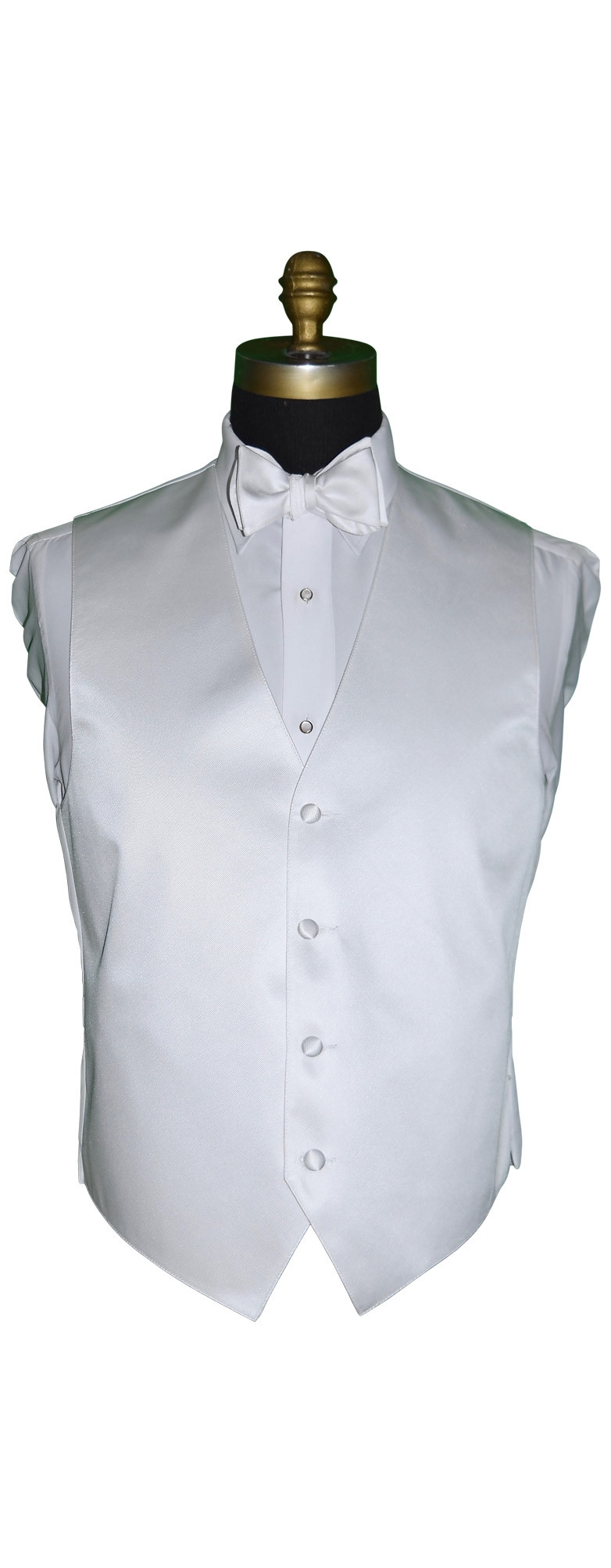 men's white tuxedo vest and white tie-yourself bowtie by San Miguel Formals