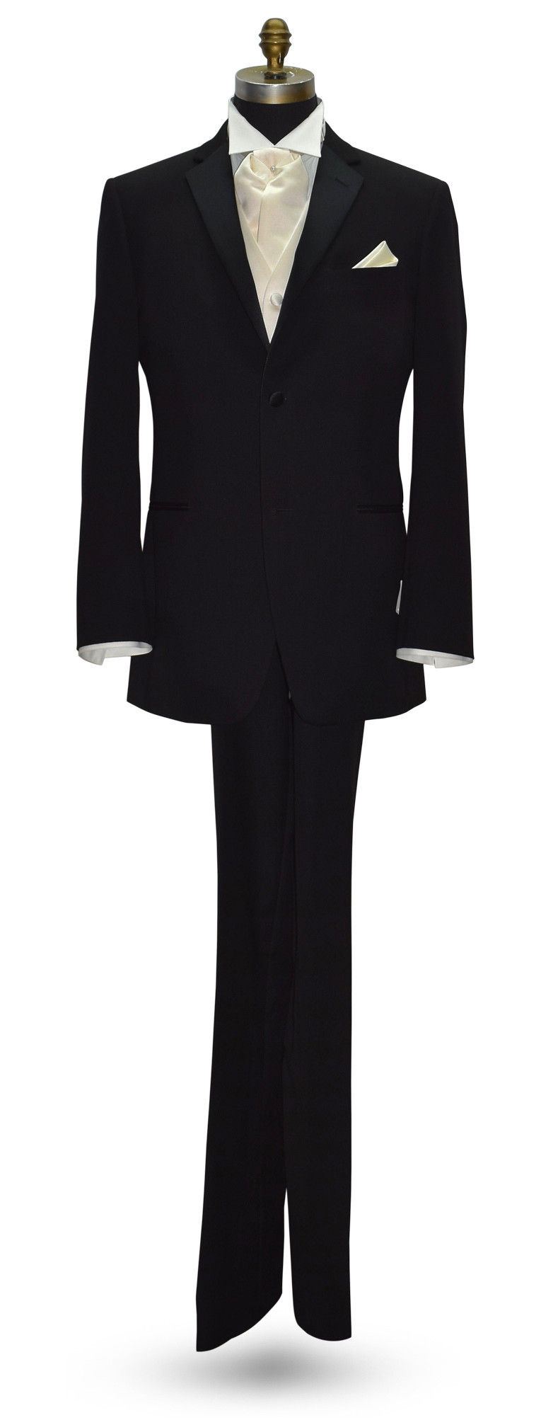 men's black tuxedo with ivory satin ascot and ivory satin vest