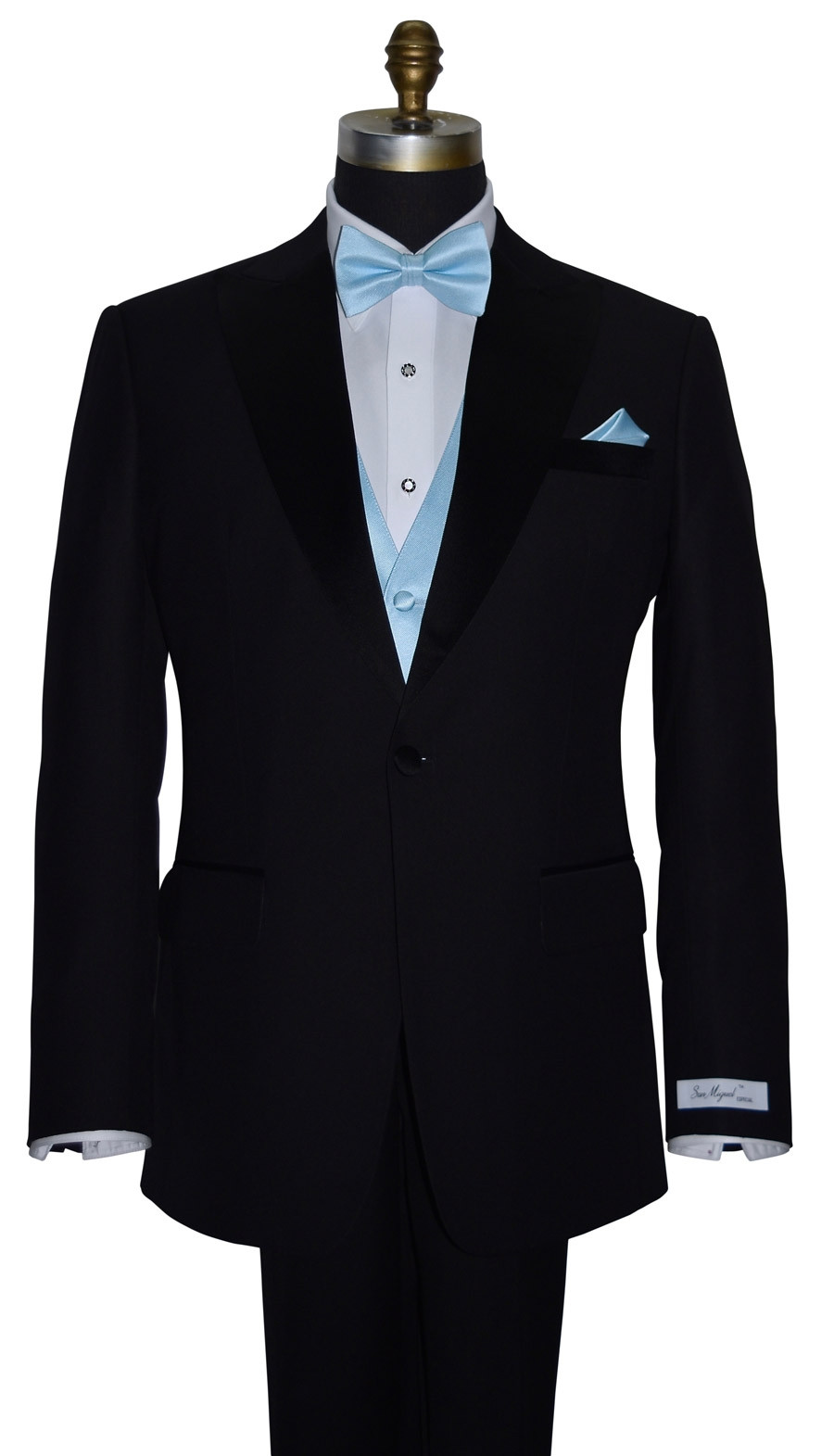 capri blue vest with capri-blue pre-tied bowtie on tuxbling.com