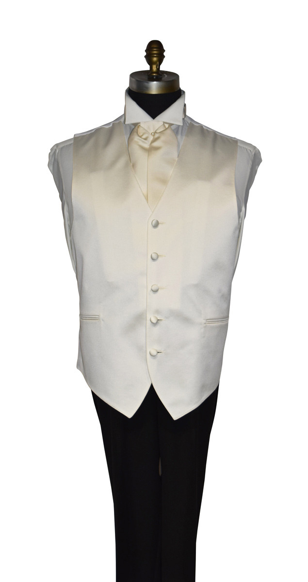 men's and boy's ivory satin vest with ivory satin ascot matches ivory bridal